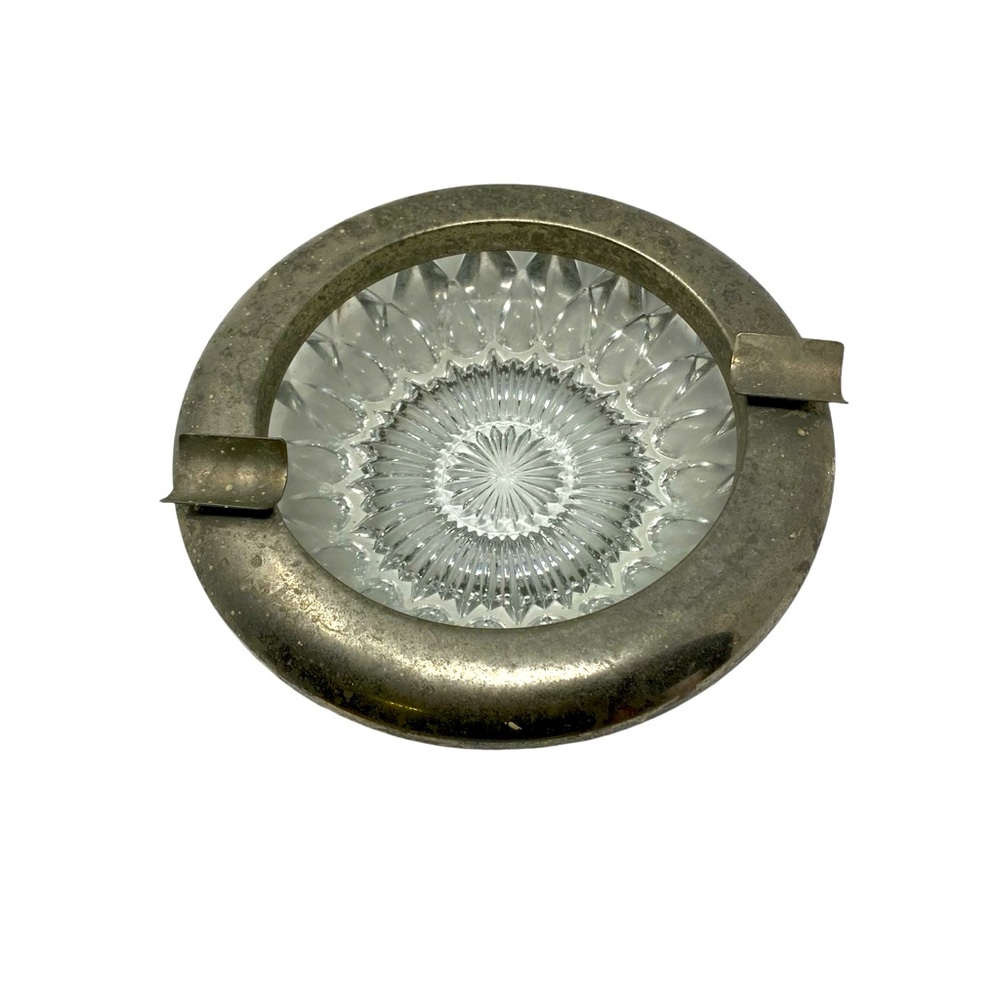 Antique French Cast Metal - Glass Ashtray